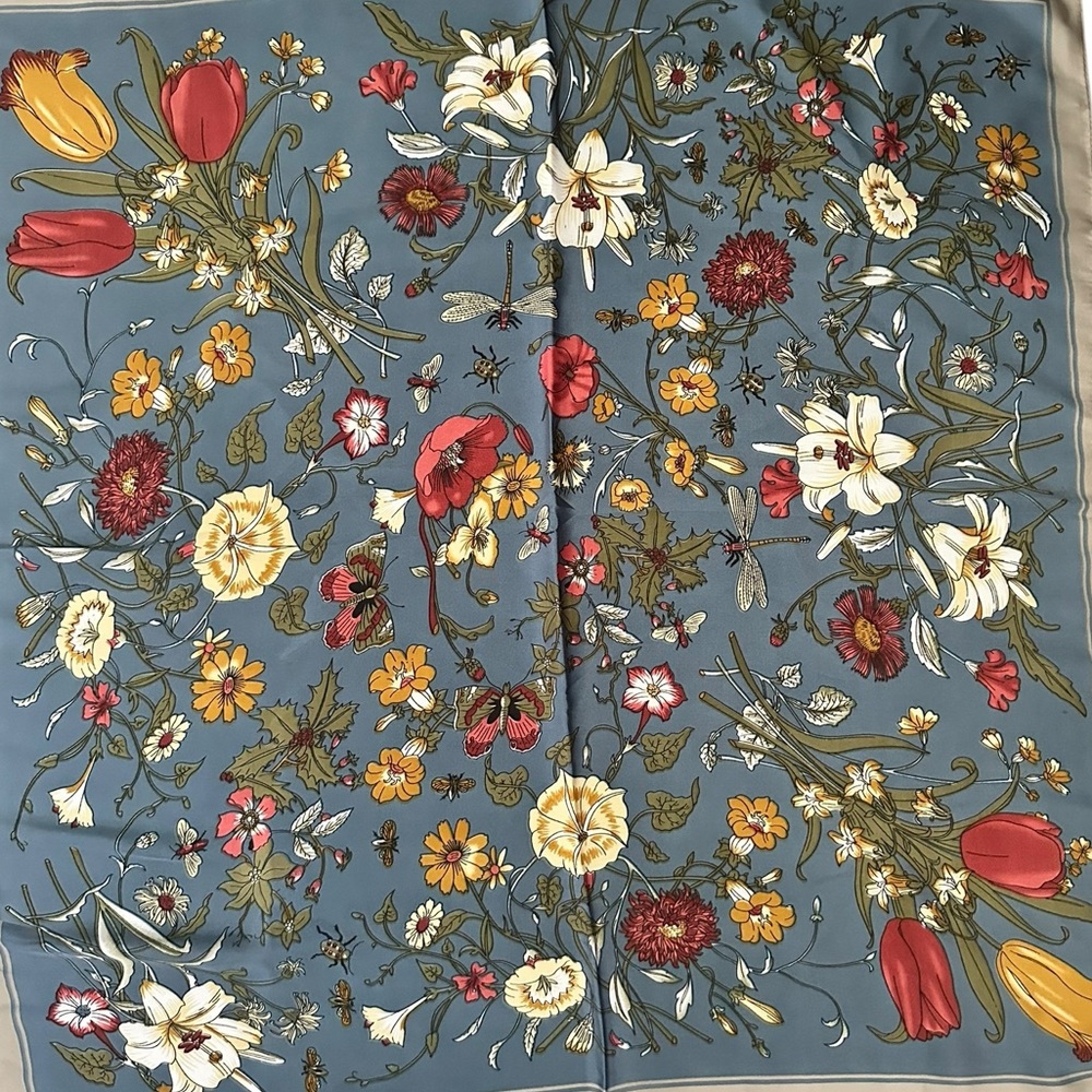 Vintage Silky Blue Floral Scarf Square Women’s large Satiny